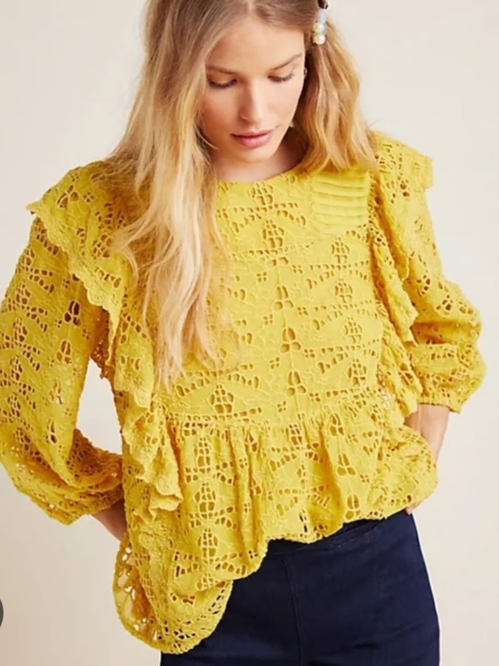 Anthropologie Yellow Eyelet Lace Ruffle Blouse